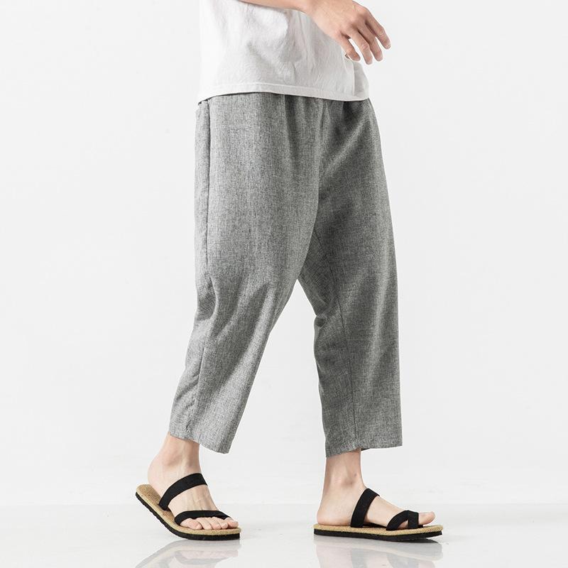 Herren Baumwolle Leinen Cropped Hosen Sommer Einfarbig Lässig Elastischer Bund Leicht Gerade Beine Hosen Locker Übergröße Herren Bekleidung