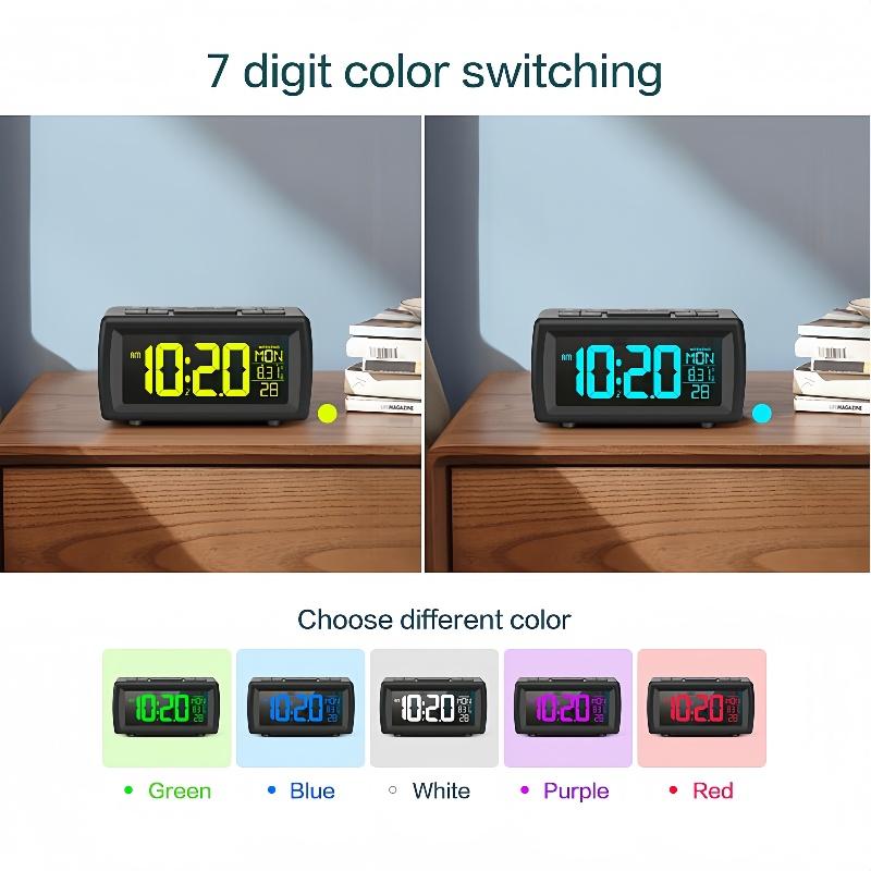 FM Radio Digital Alarm Clock with 7 Light Color Changing Date Week Snooze Table Clock 5 Levels Brightness 12/24H DST LED Clock