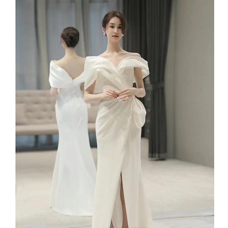 One-word Shoulder White French Dress 1011 New Summer Light Luxury Niche High-end Engagement Fishtail High-end Evening Dress