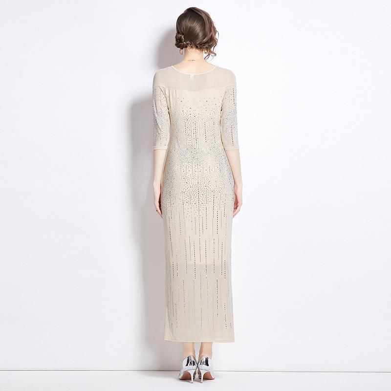 Dámské společenské šaty Runway Luxusní štrasové síťované pouzdro Bodycon šaty Sexy Flitrované jednodílné večerní šaty s výstřihem do O