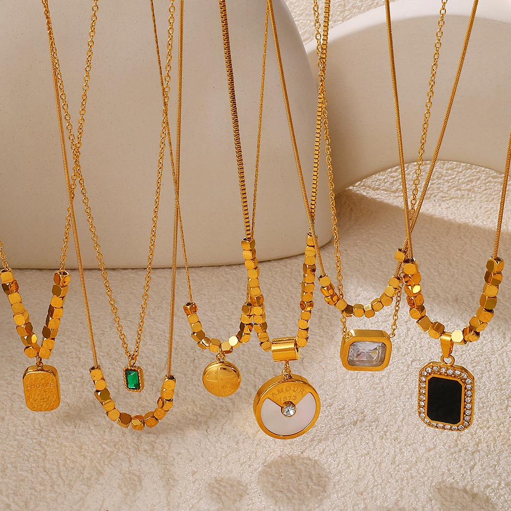 French Retro Sugar Cube Temperament Light Luxury Necklace Stainless Steel Black Square Brand Diamond Pendant Necklace Jewelry Women
