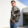 Men's Fall Winter Paneled Print Zip Neck Pullover with Stand Collar Casual Wrinkle- Athletic Top
