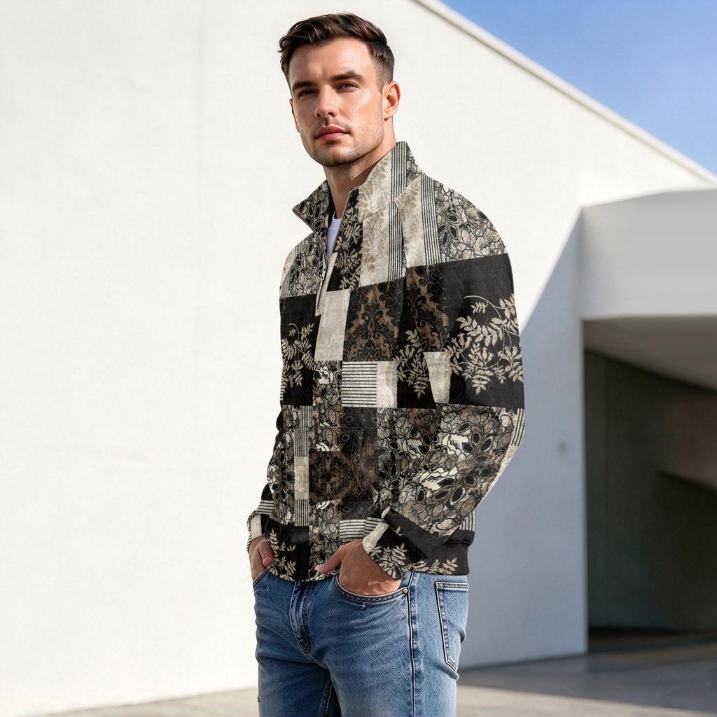 Men's Fall Winter Paneled Print Zip Neck Pullover with Stand Collar Casual Wrinkle- Athletic Top