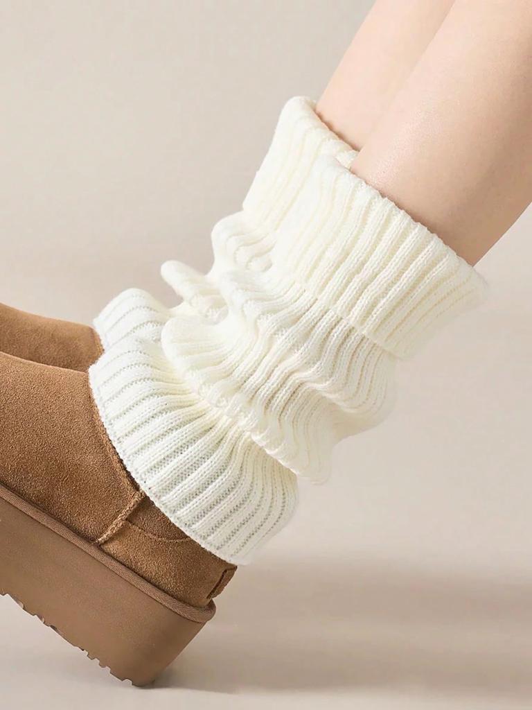 Women's Leg Warmer, White Knitted Warm Calf Socks, Suitable for Autumn and Winter