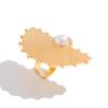 Design Metal Pleated Feathers Imitation Pearl Ring, Wind Flower Open Ring Joint Ring