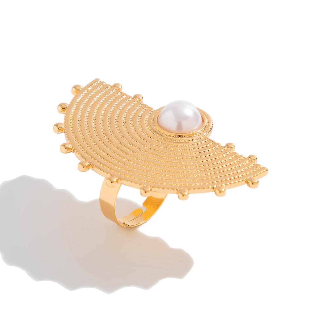Design Metal Pleated Feathers Imitation Pearl Ring, Wind Flower Open Ring Joint Ring