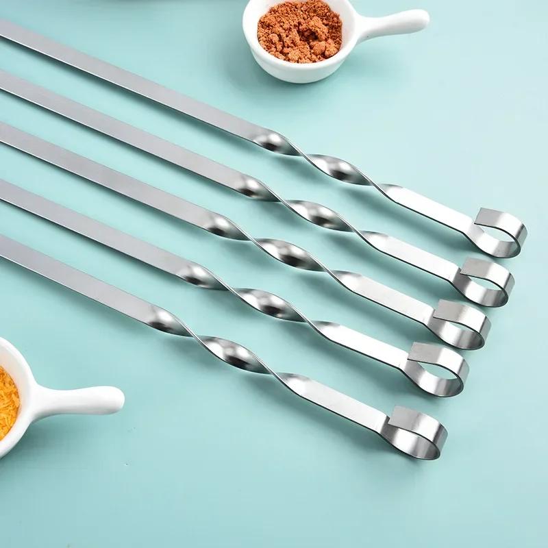 6Pcs BBQ Skewers Stainless Steel Wide Barbecue Sticks Flat BBQ Forks Outdoor Camping Picnic Essential BBQ Utensils Accessories