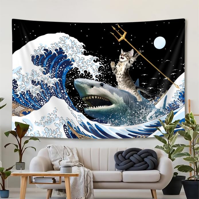 Funny Tapestry for Boys Blacklight Cat Tapestry Cat Riding Shark Tapestries Blue Ocean Wall Tapestries UV Reactive Wall Decor 74x94cm(29x37in)