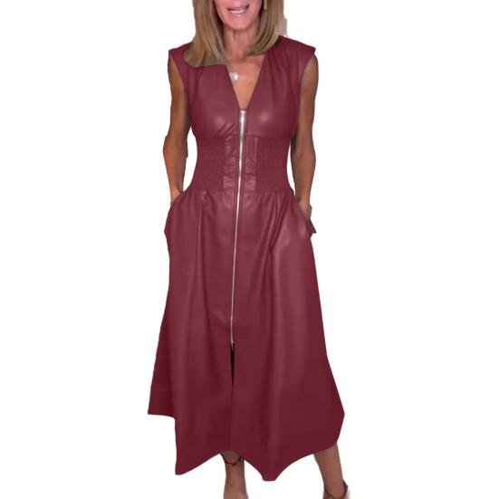 Women's Faux Leather Front Zip Long Dress V Neck Sleeveless Smocked High Waist Pleated