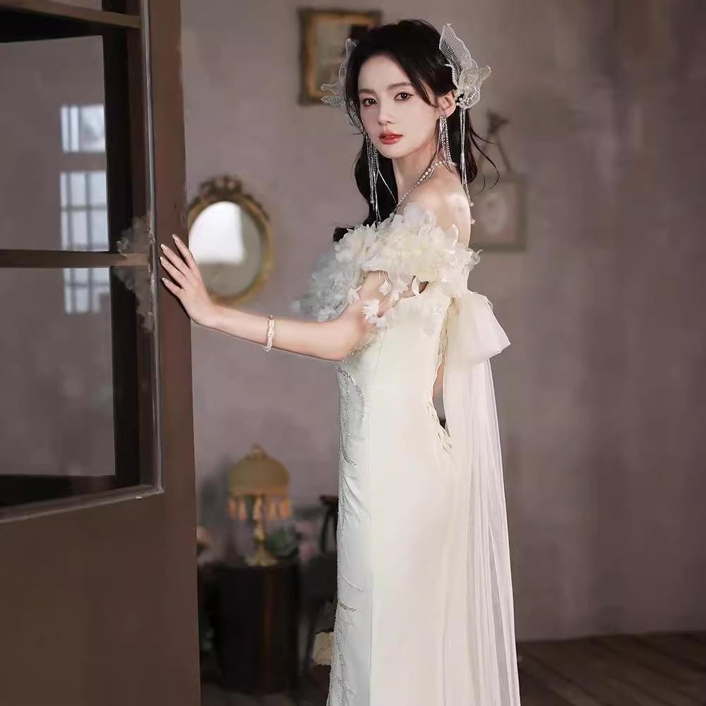 Super Fairy Evening Dress Skirt Light Luxury Niche Style 1011 New One-word Shoulder Fishtail Banquet Temperament White