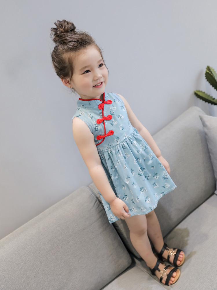 Kids Girls Chinese Style Cute Flower Print Dress Vintage Cheongsam Dresses Qipao Baby Clothes