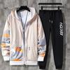 2 Pcs/Set Men Coat Pants Suit Hooded Letter Print Drawstring Zipper Closure Loose Elastic Waist Hip Hop Ankle-banded Men Sportwear