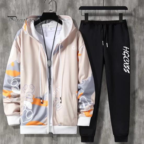 2 Pcs/Set Men Coat Pants Suit Hooded Letter Print Drawstring Zipper Closure Loose Elastic Waist Hip Hop Ankle-banded Men Sportwear