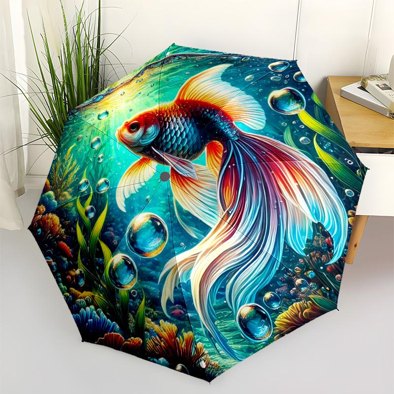 Koi Fish Circular Lotus Pond Automatic Umbrella Sturdy 8-Rib Shaft Durable Plastic & Iron Durable Everyday Carry Umbrella Elegant Umbrella