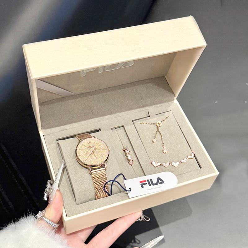 FILA Arrow Starry Sky Womens Watch Quartz Movement Stainless Steel Band Gold Dial Luxury Minimalist Student Womens Watch Romantic Gift Box FLL38-6559
