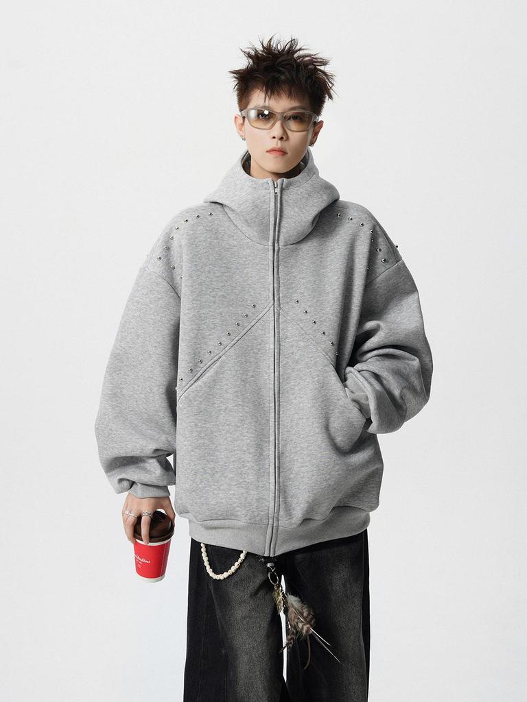 Unisex Pánský/Dámský Těžký Mikinový Svetr s Nýty - Podzim/Zima 2025 Trendy Volná Bunda