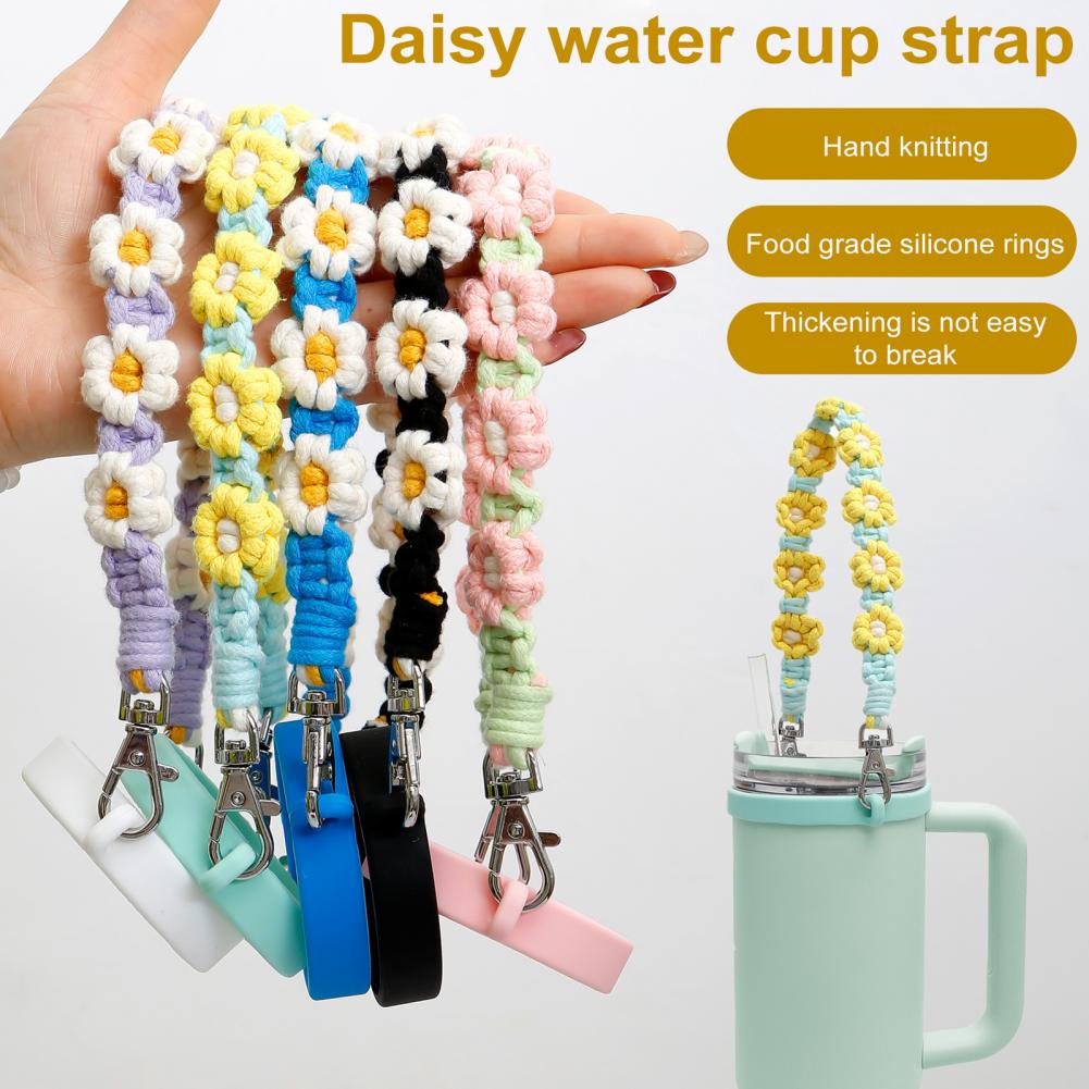 

Water Bottle Handle Strap Handmade Flower 16-40oz Tumbler Silicone Safety Ring Cotton Rope Flower Sling Holder Carrier Lanyard