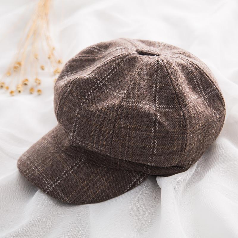 Plaid Beret Ladies Autumn and Winter Versatile Soft Girl Bud Hat Vintage British Octagonal Hat