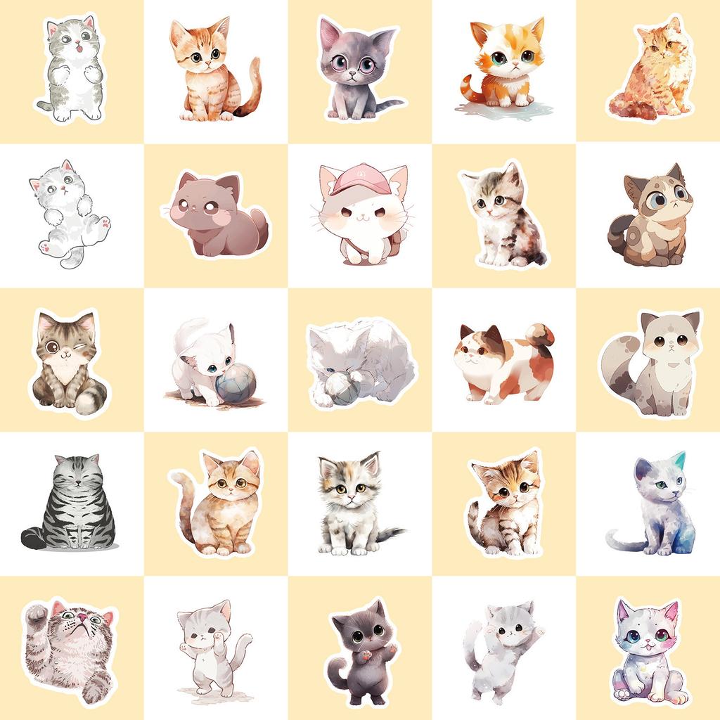 50 Helle Farbe Aquarell Katze Aufkleber Neue Cartoon Tinte Katze Niedlich Niedlich Haustier Aufkleber Laptop Aufkleber