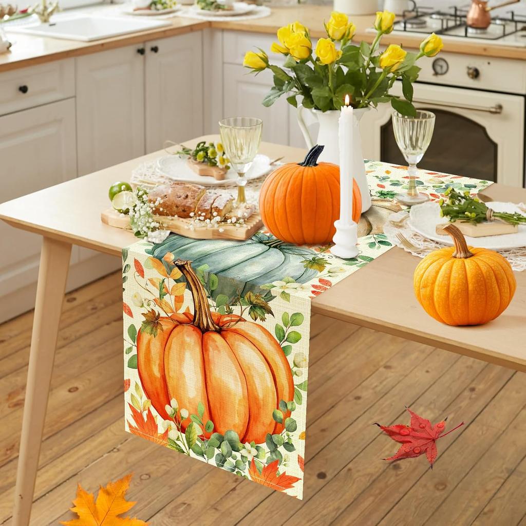 Pumpkin Eucalyptus Leaves Fall Table Runner, Autumn Thanksgiving Kitchen Table Decorations for Home Party Decor (Pumpkin 2, 13x72 inches)