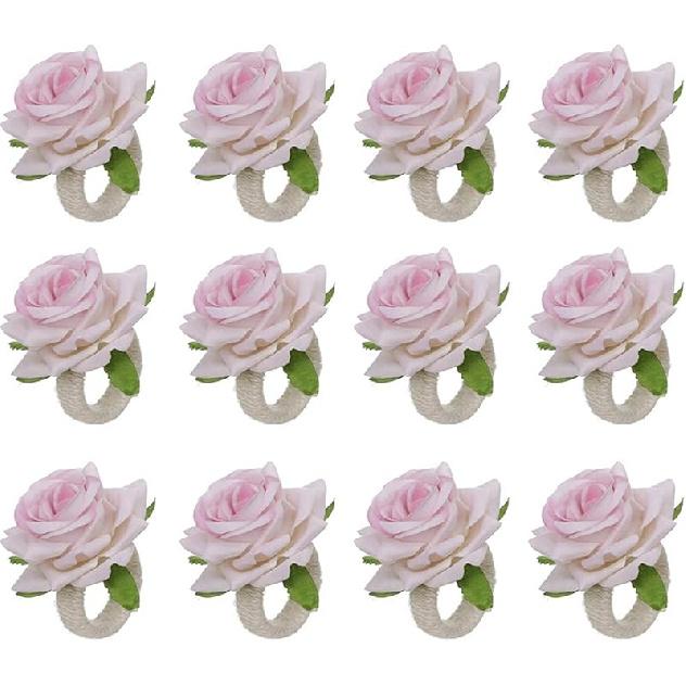 Artificial Pink Rose Flower Napkin Rings Set of 12, Silk Rose Flower Napkin Buckles Rings Faux Rose Flower Napkin Rings Fake Floral Napkin Ring розовый