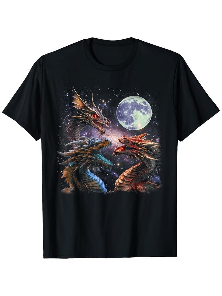 Mens & S Three Dragon Starry Night TShirt Vintage Dragon Howling at Moon & Dragons Graphic Breathable Fabric SXXXL Sizes Casual Round Neck Shirt for F