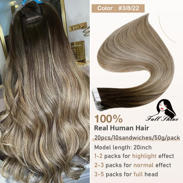 Full Shine Tape in Hair Extensions Remy Human Hair Balayage Highlights Natural Hair For Salon