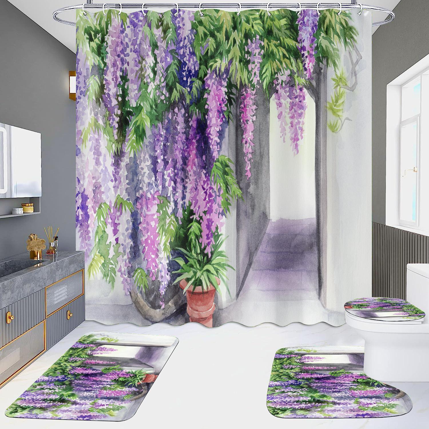 

4Pcs Mandala Castle Architecture Європейський стиль Набори завіс для душу для ванної кімнати Нековзкі килимки для ванної кімнати Кришка для унітазу Килимок для ванної кімнати