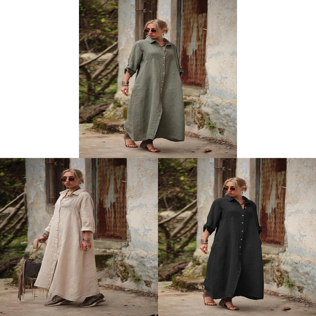 Cotton Linen Long Dress With Shirt Collar For Elegant Casual Wear