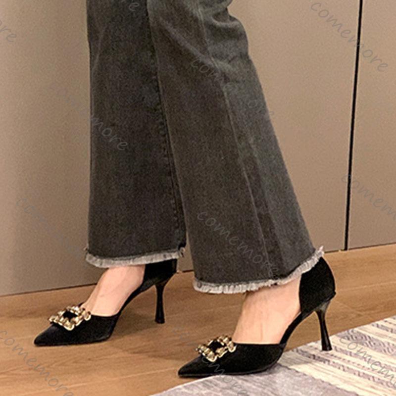 Fashion Comemore Black Rhinestone High Heels Spring Autumn New Women's Shoes Temperament Pumps Square Buckle 8cm Stiletto Heels Women