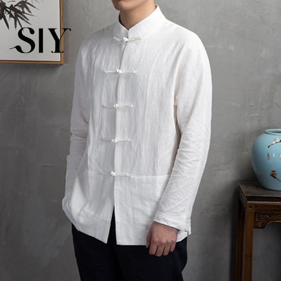 Long Sleeve Pockets Shirt Men Autumn Chinese Style Top Mandarin Collar Disc Solid Color Stand-up Button Traditional Kung Fu Tai Chi Tang Tops Uniform