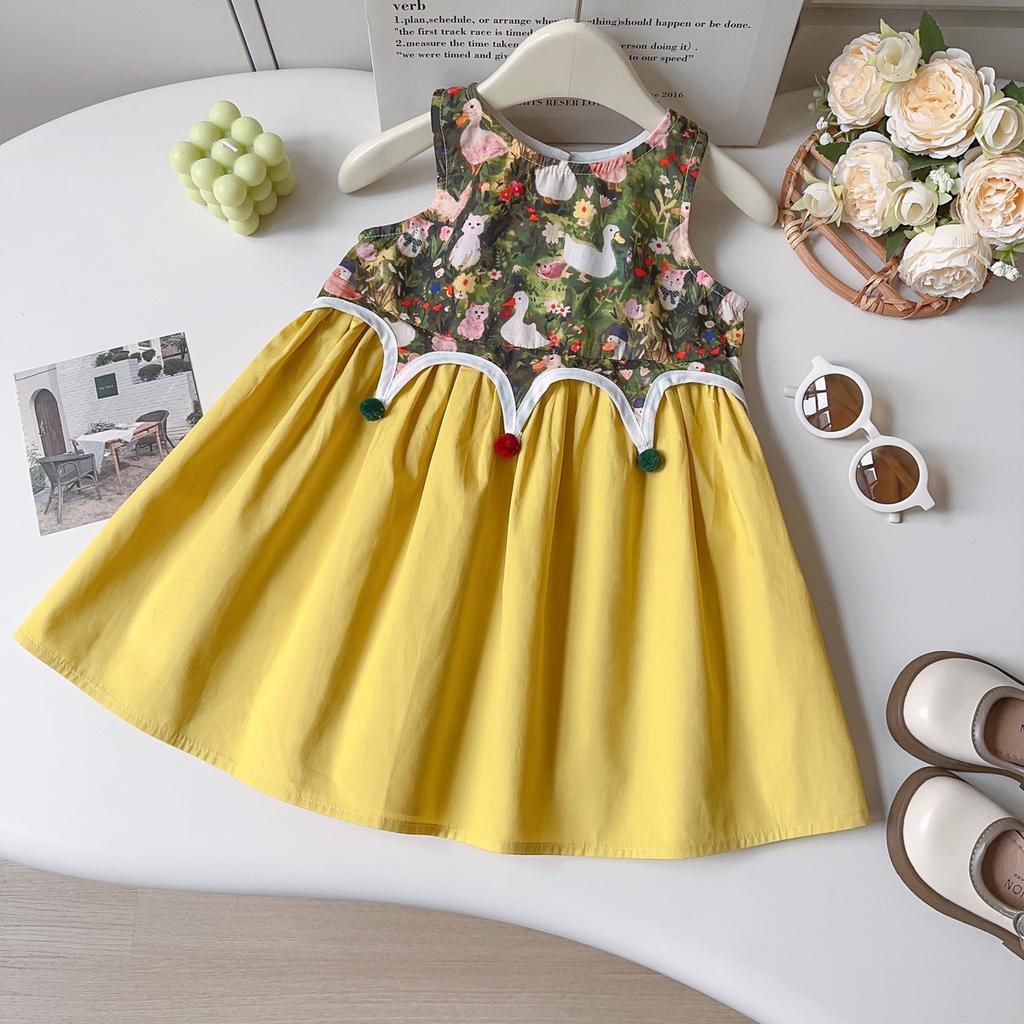 Summer Girls Cartoon Print Sleeveless Vest Dress Holiday Cotton Dress