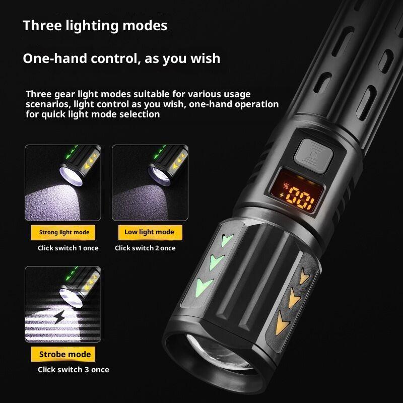 Telescopic Zoom LED Torch Multi-functional Digital Display Flashlight IPX4 Waterproof for Home Outdoor Night Fishing