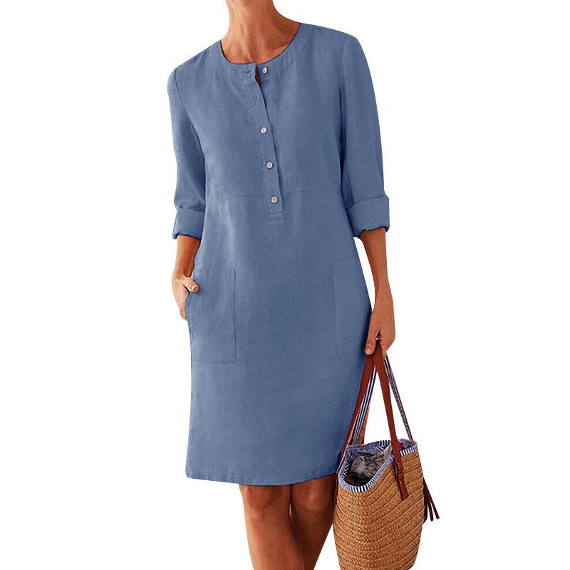 2024 Spring Women's Plus Size Long Sleeve Cotton Linen Round Neck Dress