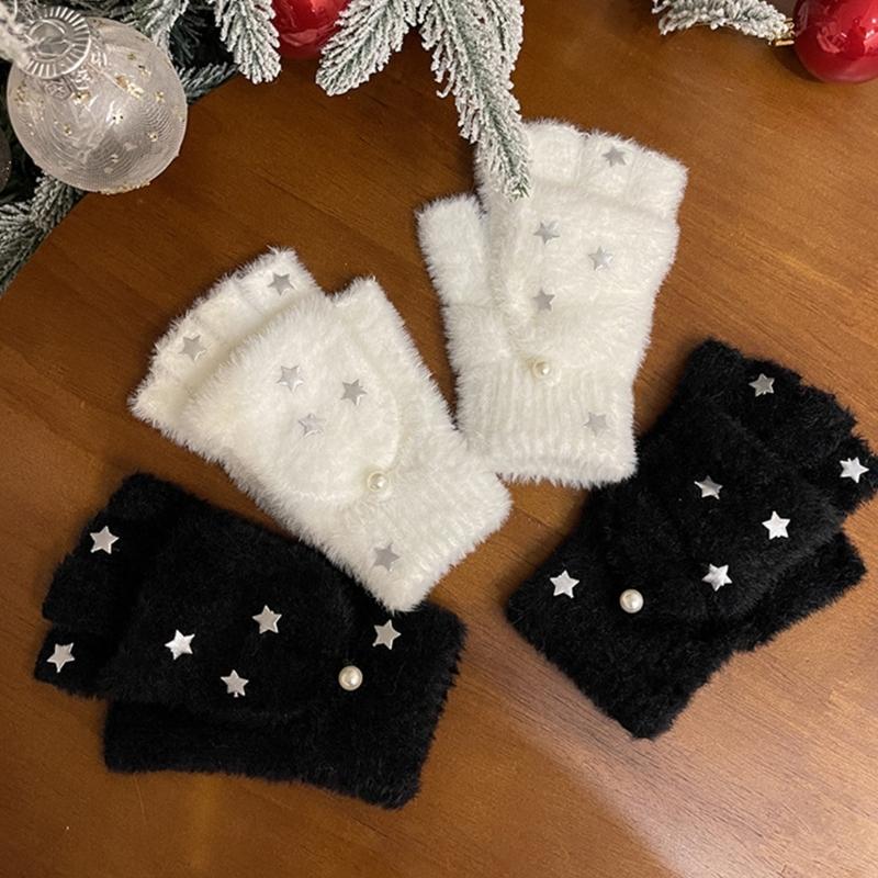 Half Finger Screentouch Gloves with Star Decors Soft Rex Rabbit Furs Short Gloves for Students Girl Winter Daily Wear