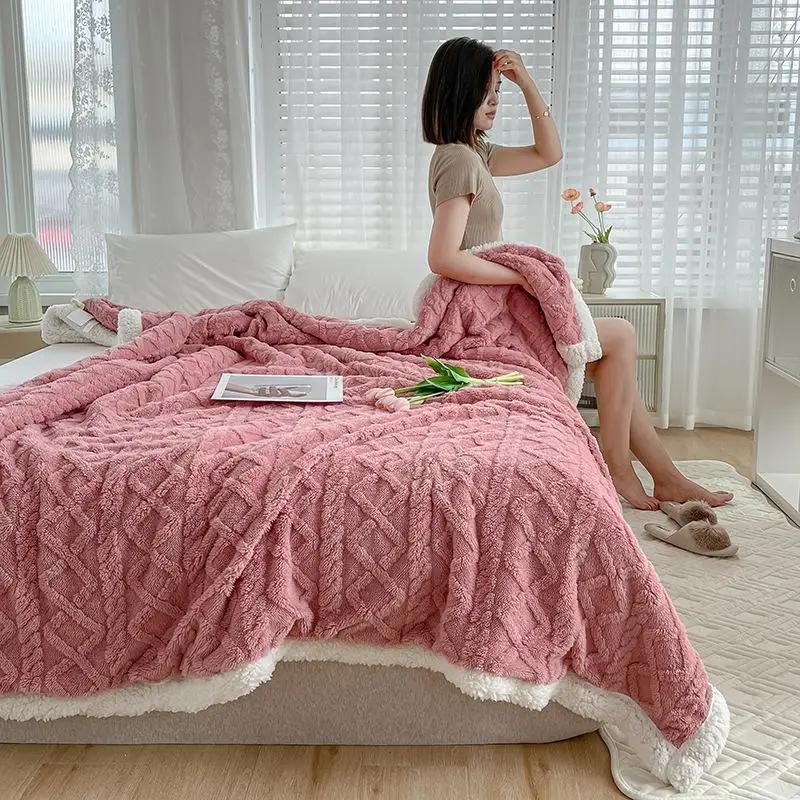 Lamb Wool Thick Winter Blanket Double Side Microfiber Flannel Throw Blanket for Bed Comfortable Super Soft Warm Comforter Double