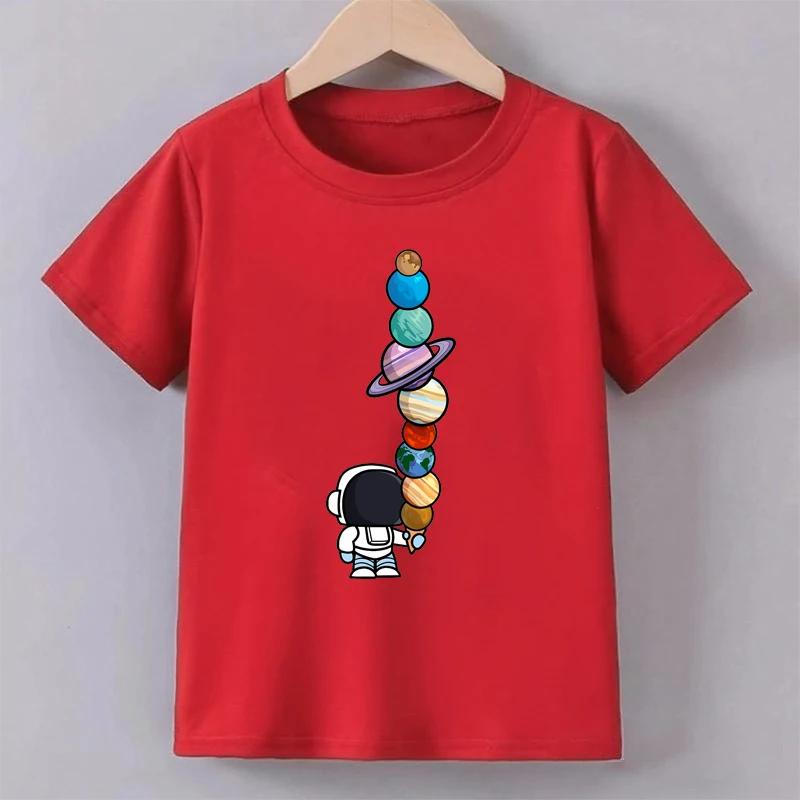 Teenage astronaut Planeet printed T-shirt summer boy fashionable casual fun round neck short sleeved children's color top T-shirt