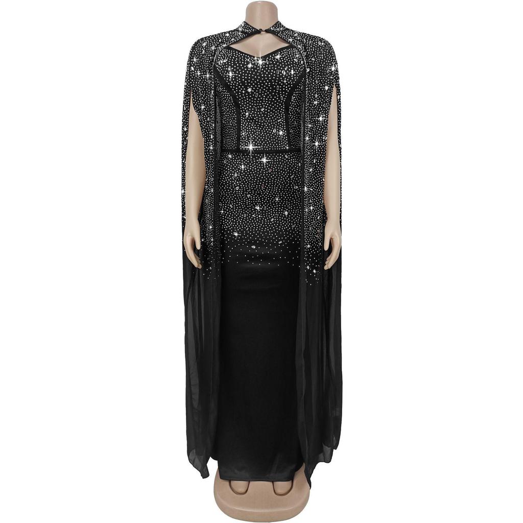 C7292 Europeisk & Amerikansk Mode Dam Sexig Strass Bodycon Genomskinlig Sjal Klänning