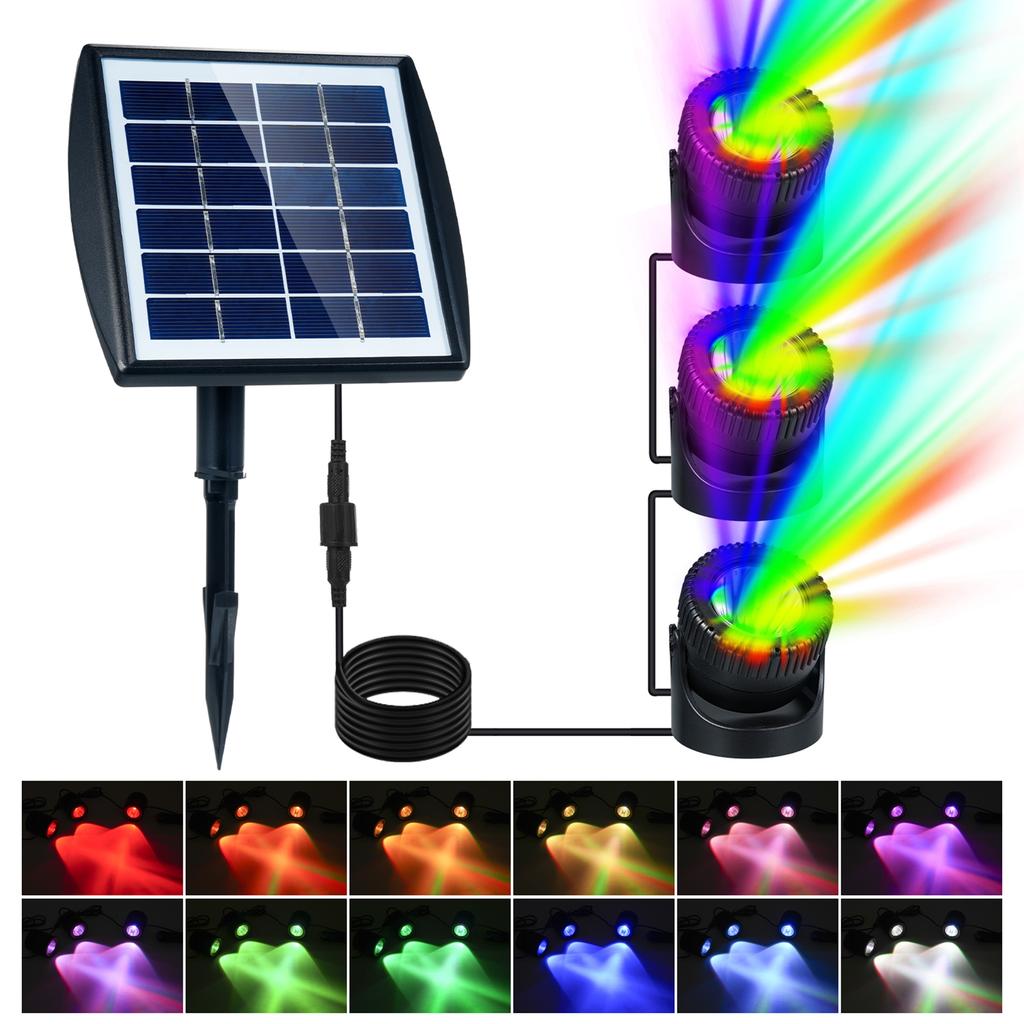 RGB Solar Pond Light, Three Heads Underwater Spotlights, IP68 Rainproof Outdoor Decorative Lamp, Solar Powered
