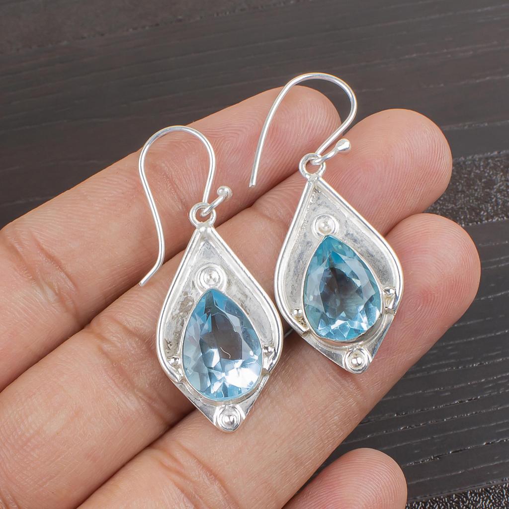 Himmelblauer Topas Edelstein Ohrring, Handgefertigter Wunderschöner Schmuck, 925 Massiv Sterling Silber Schmuck, Böhmischer Ohrring für Hochzeitsgeschenk