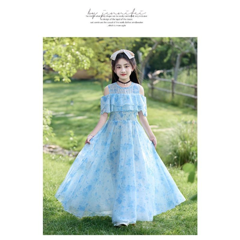 Girls Floral Print Princess Long Dress Kids Summer Casual Beach Dress
