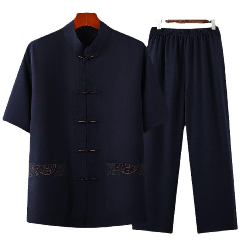 Traje Tang de verano para hombre, traje informal de manga corta, estilo chino, traje de Tai Chi de algodón y lino, talla grande