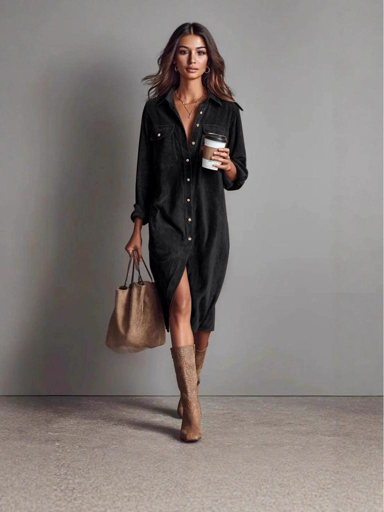 Corduroy Long-Sleeve Dress: Europe & America Fashion Trend Loose Lapel Shirt Skirt