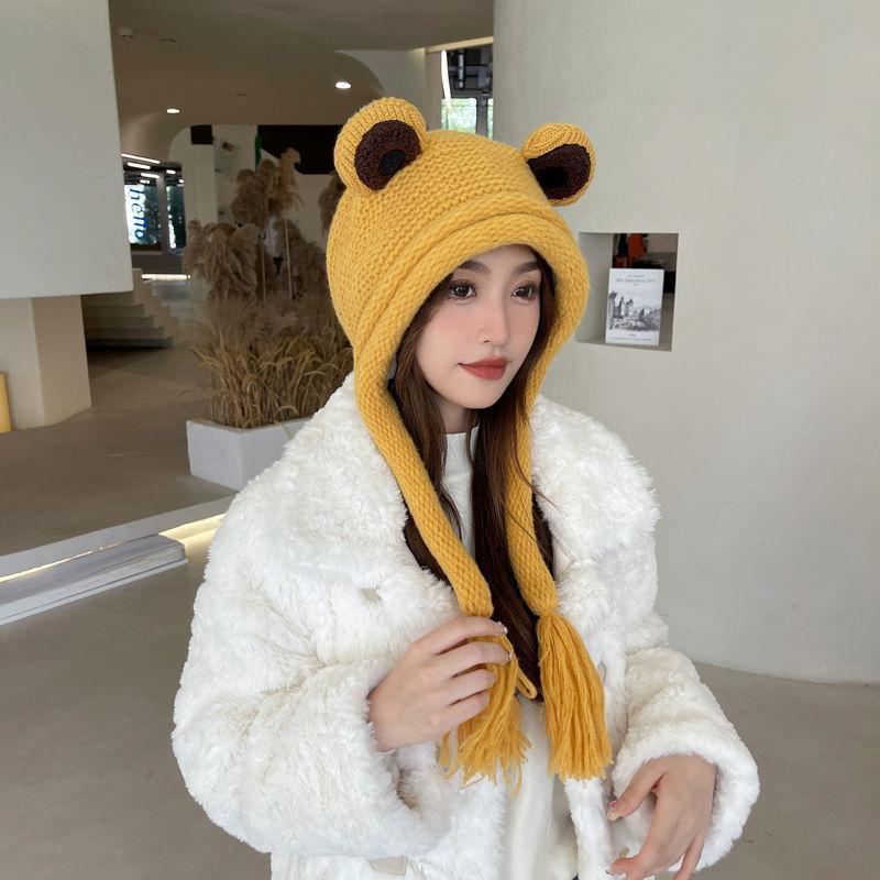 Froschmütze, Damen Strickmütze Winterwärme Quaste Winter Ohrenschutz Zehenkappe Grüne Wollmütze