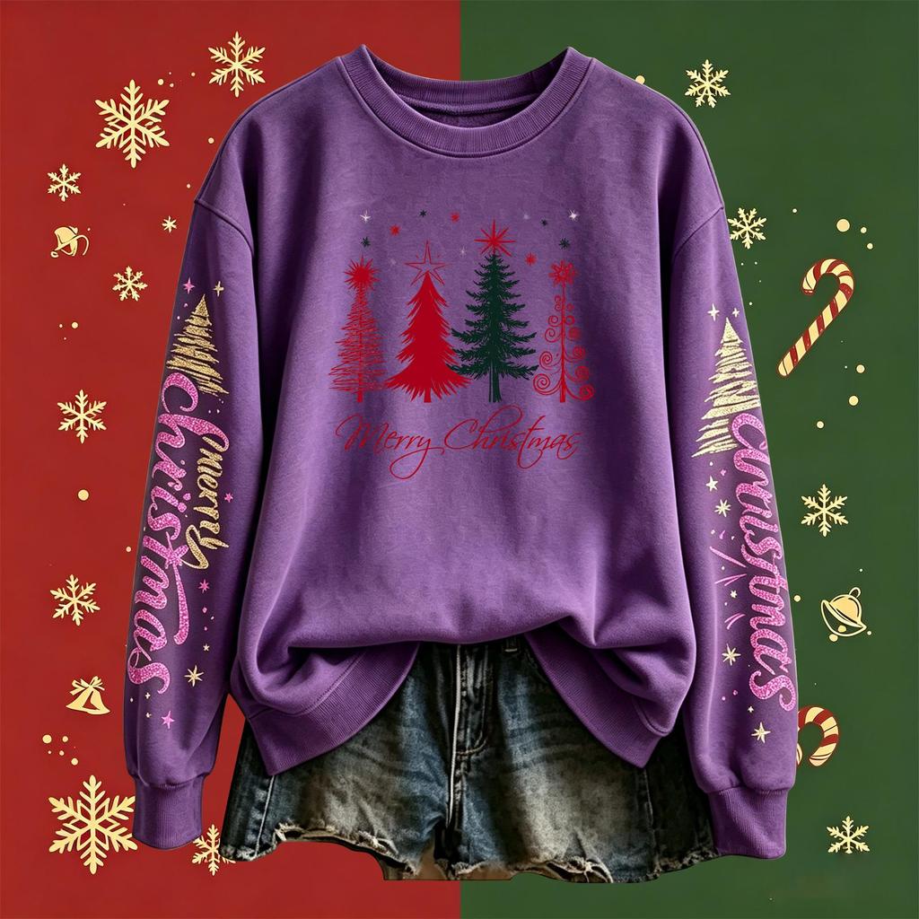 Women's Long Sleeve Christmas Print Crewneck Pullover Sweatshirt for Holiday Casual Wear
