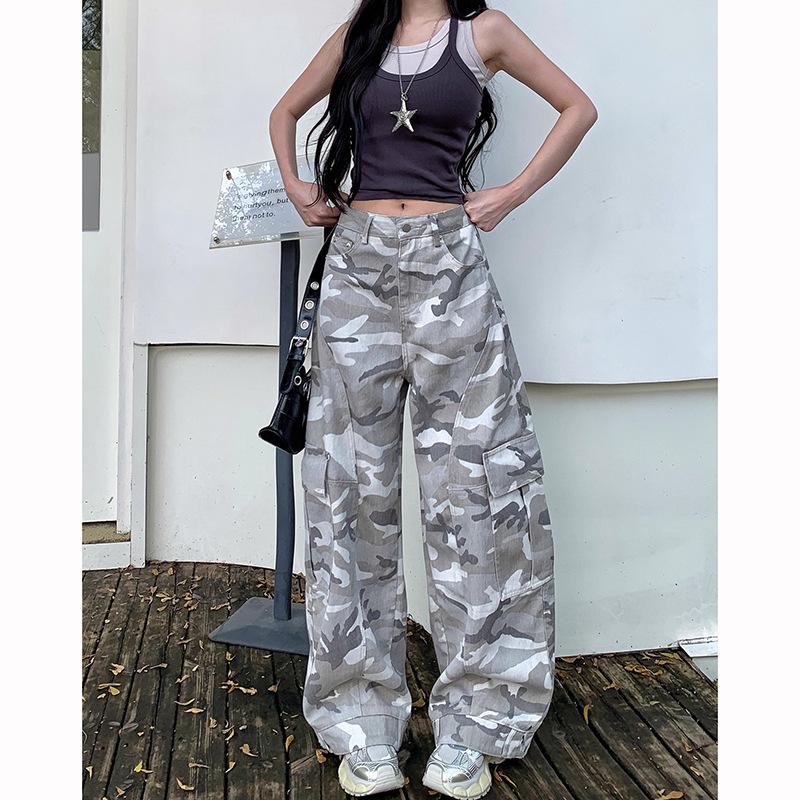 Women Camo Cargo Jeans High Waist Wide Leg Floor Length Denim Pants Street Hip Hop Patchwork Non Stretch Camouflage Trousers Spring Fashion