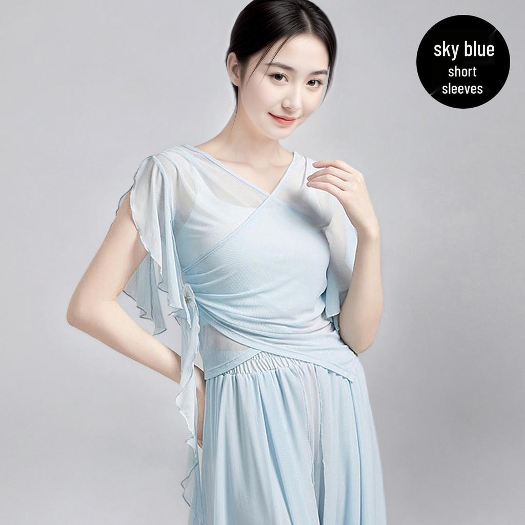 Women's Classical Chinese Dance Bell Sleeve Top - Sheer, Long Sleeve, Body Shaping Dancewear for Adults