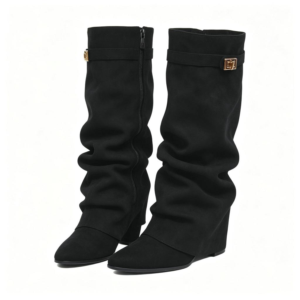 Stivali Alti da Donna Pieghettati Morbidi Sulla Ginocchia Retro Finta Pelle Scamosciata Punta Appuntita Tacco Blocco Stivali Alti Scarpe