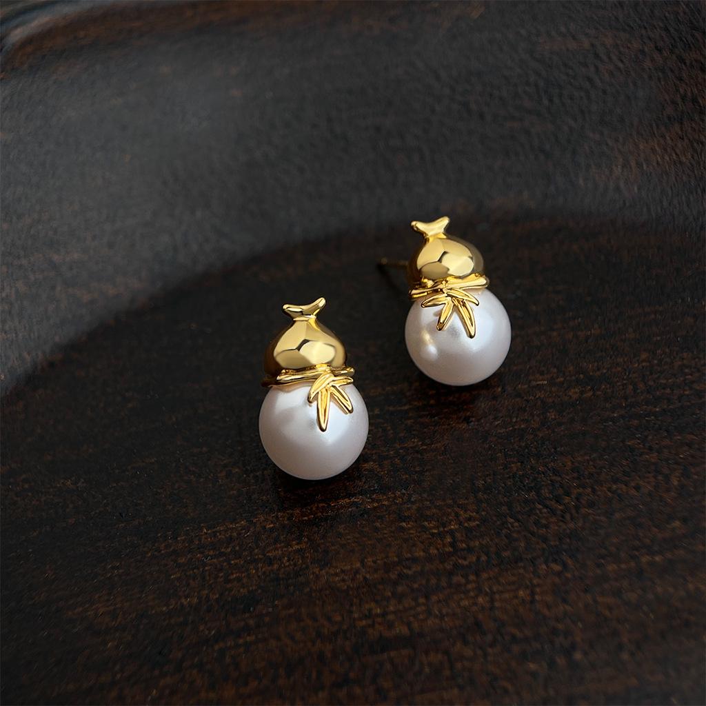 Fu Lu 18K Gold Perlen Kürbis Ohrstecker - Retro Chinesischer Stil, Leichter Luxus Mode