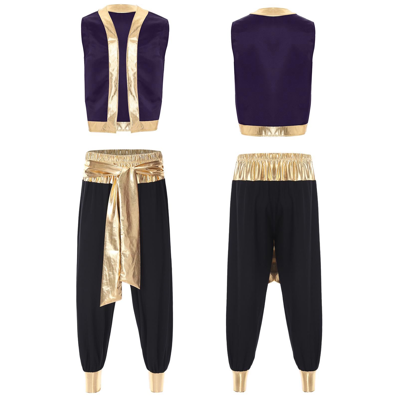 

Чоловічий костюм арабського принца, металізована блискуча обробка, жилет з відкритим передом, довгі штани, двокомпонентний святковий наряд L чорний/фіолетовий